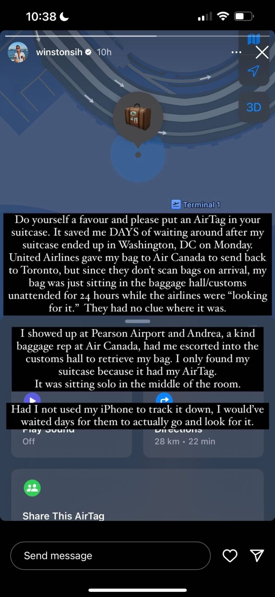 Screenshot and message by Winston Sih showing his luggage at the airport