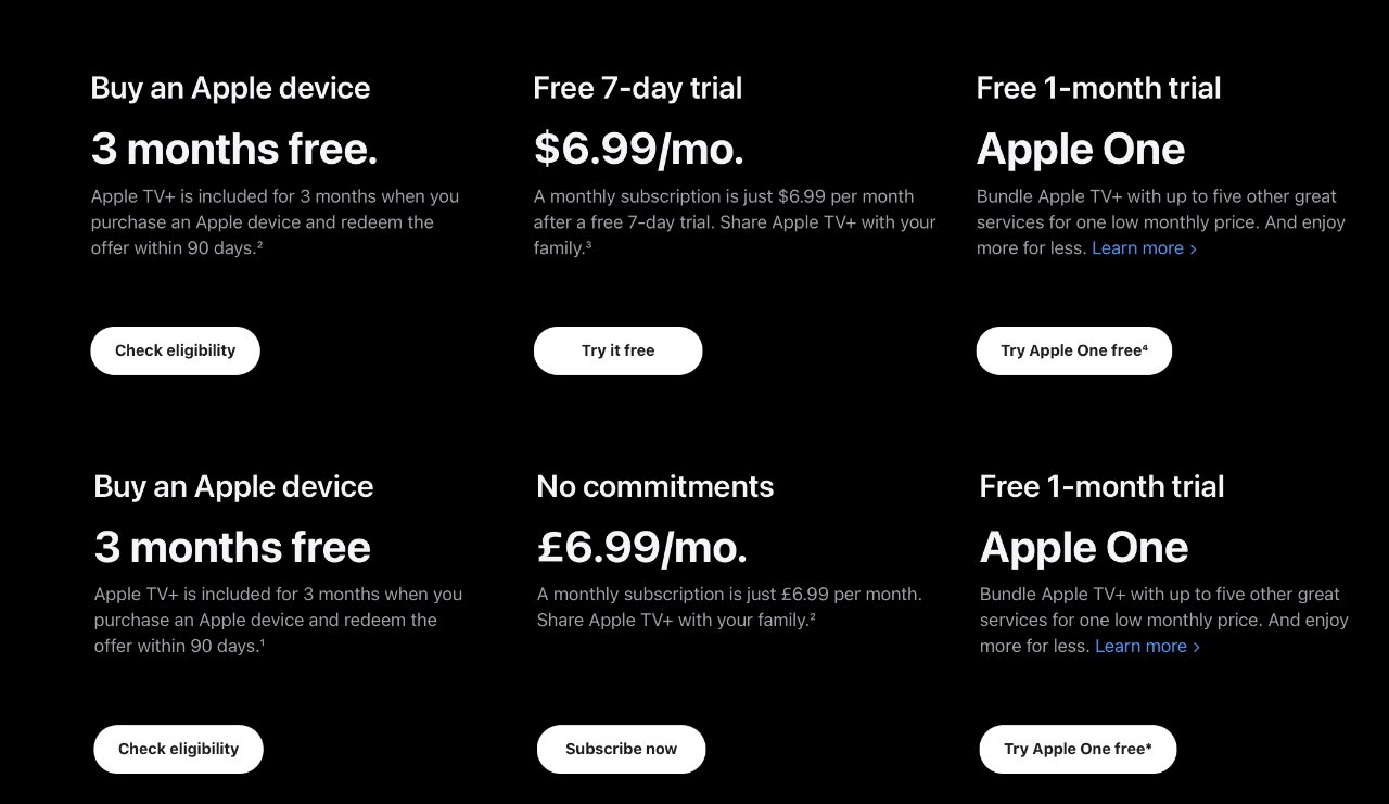 Top: Apple TV+ trial offer as still seen in the US. Bottom: the reworked UK version of the page.