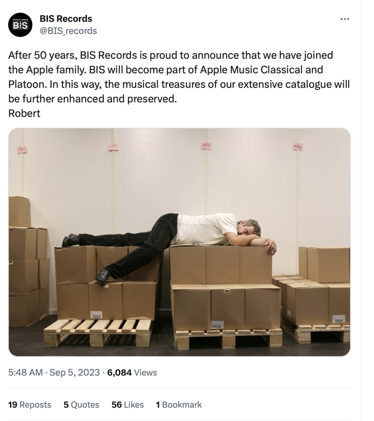 BIS Records' announcement on Twitter/X