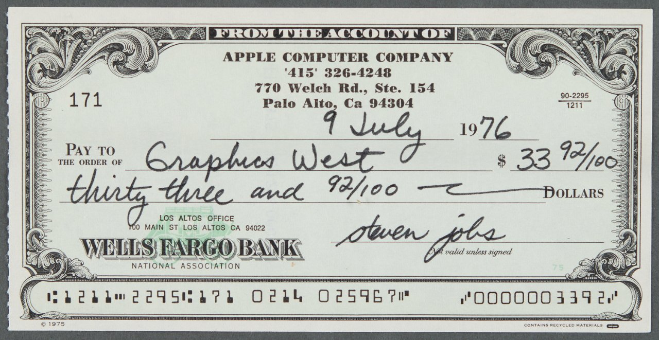 An early check from Apple, signed by Steve Jobs