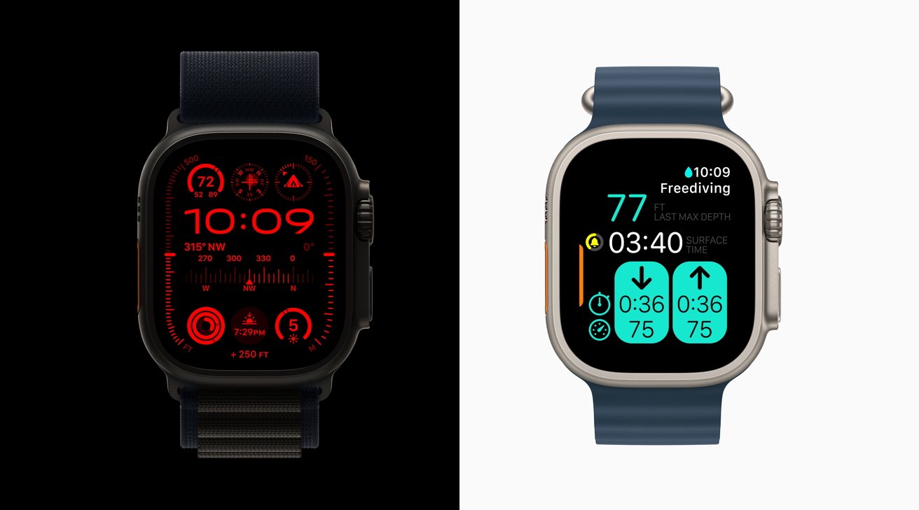 A new modular watch face [left] and the interface used when diving [right]