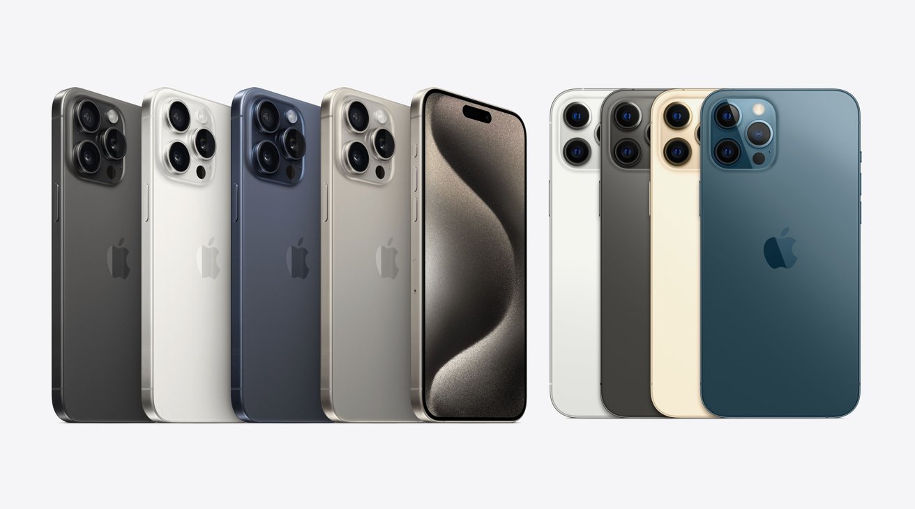 The iPhone 15 Pro Max [left] range of colors, versus the iPhone 12 Pro Max [right]