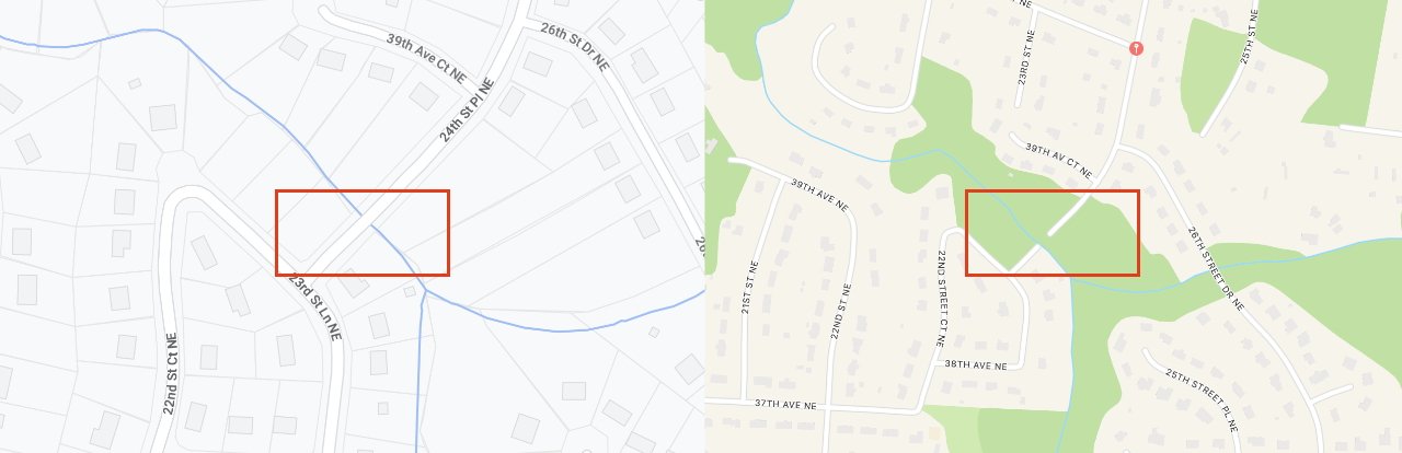 Left: Google Maps still shows a road over Snow Creek. Right: Apple Maps correctly shows the absence of a bridge