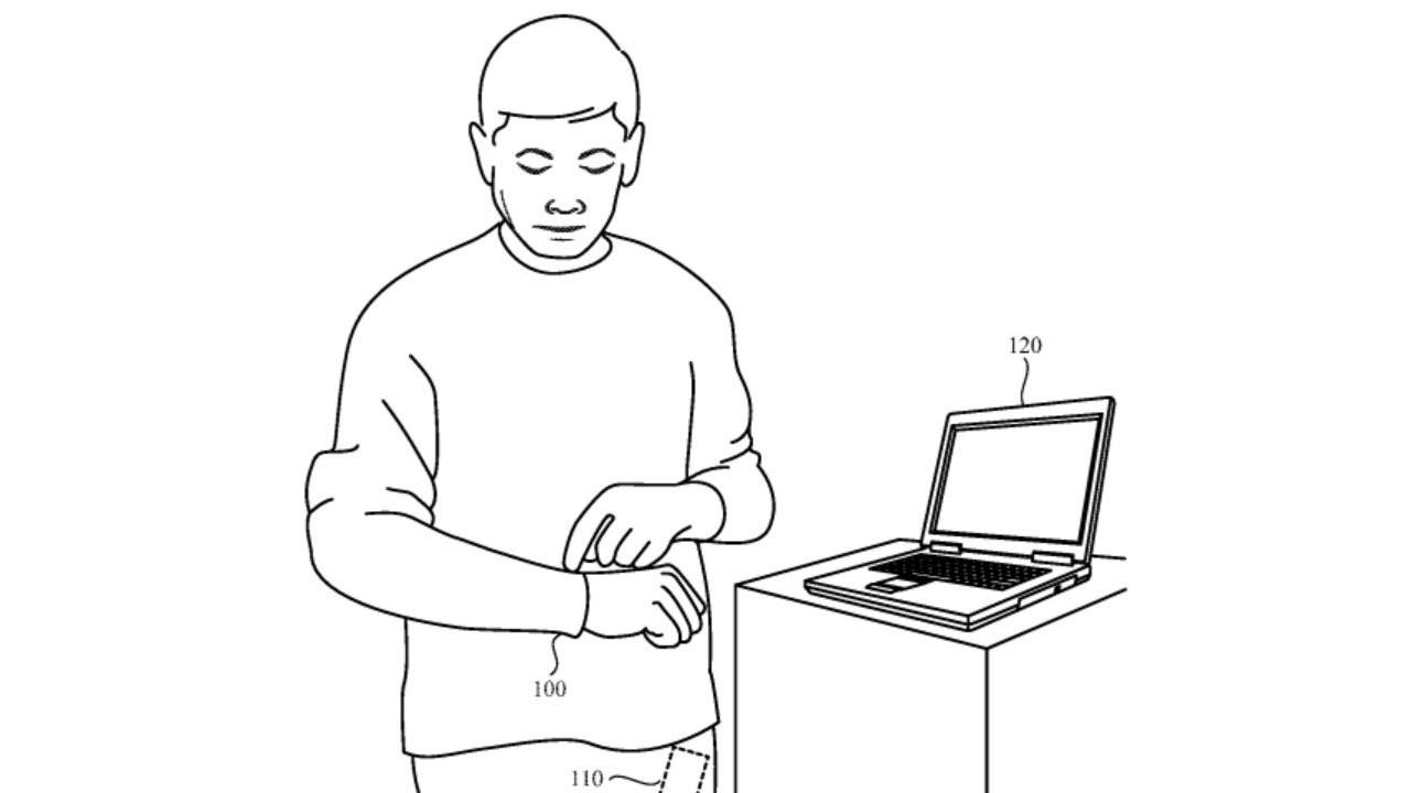 Detail from the patent showing a man perhaps checking the time -- on his sleeve instead of an Apple Watch