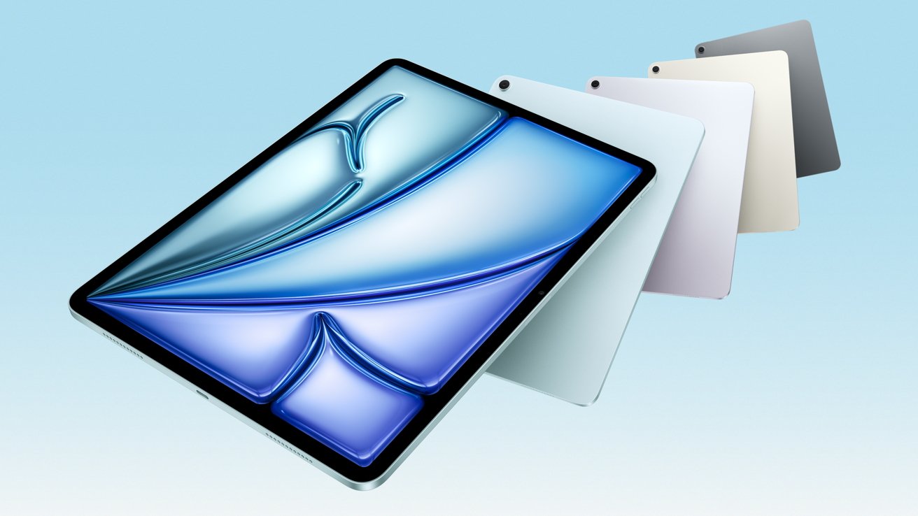 A series of tablets in different colors, fanned out, with one displaying a blue abstract design on the screen.