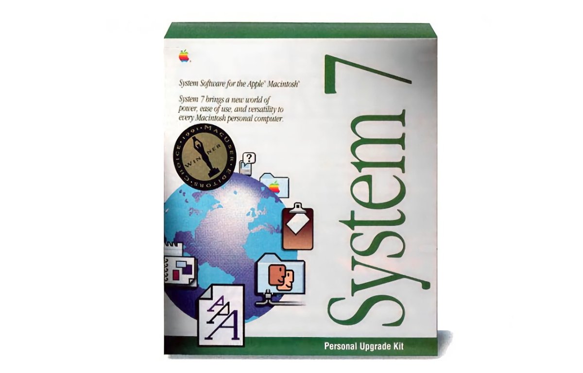 Apple's System 7 - sold at retail on floppies. Note the TrueType font icon in the lower left corner.