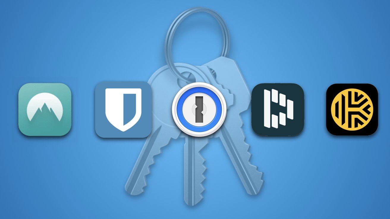 Best password manager app icons from NordPass, Bitwarden, 1Password, Dashlane and Keeper with keys in the background on blue wallpaper