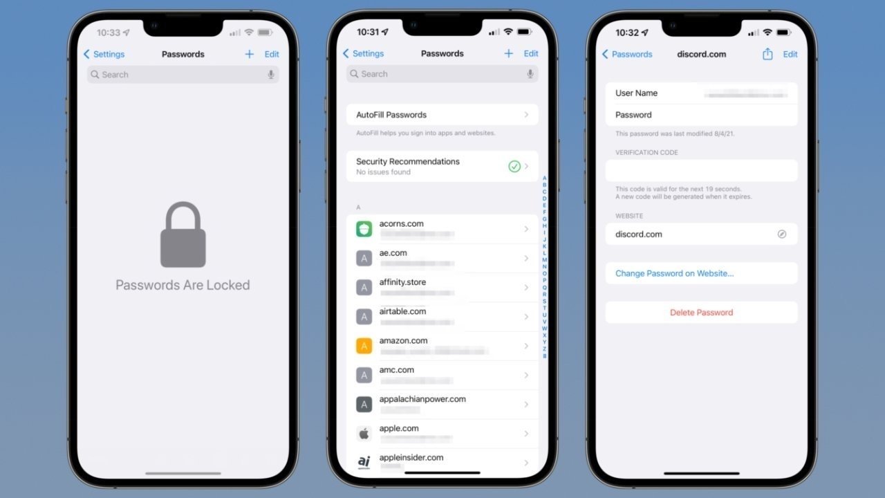 Three screenshots of Apple Keychain settings on iPhone