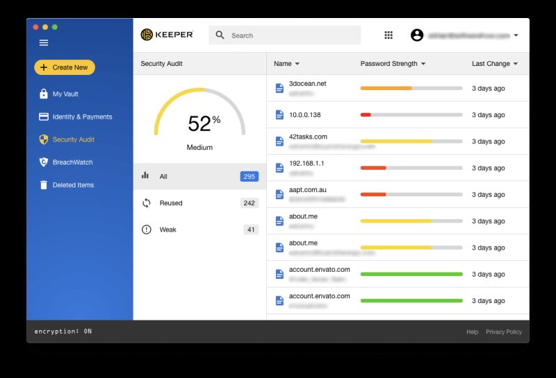 Screenshot of Keeper password manager interface showing a Security Audit section with a 52 percent score indicating medium password strength.