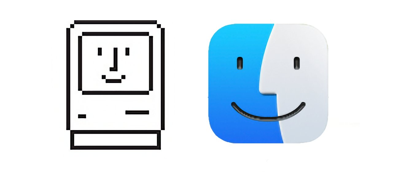 Left: Susan Kare's original Happy Mac. Right: the version in the dock of every Mac today