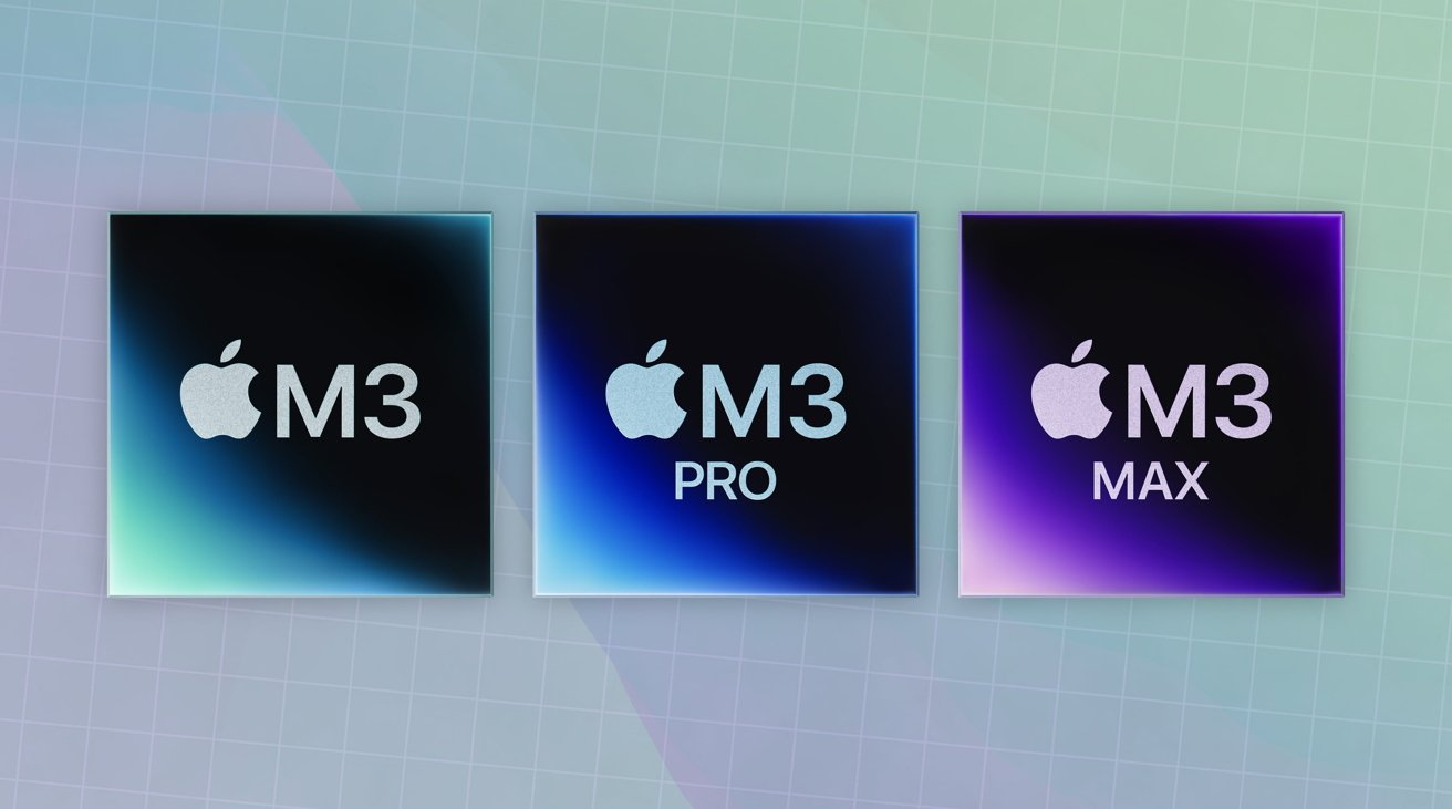 Apple's logos for the M3, M3 Pro, and M3 Max chips
