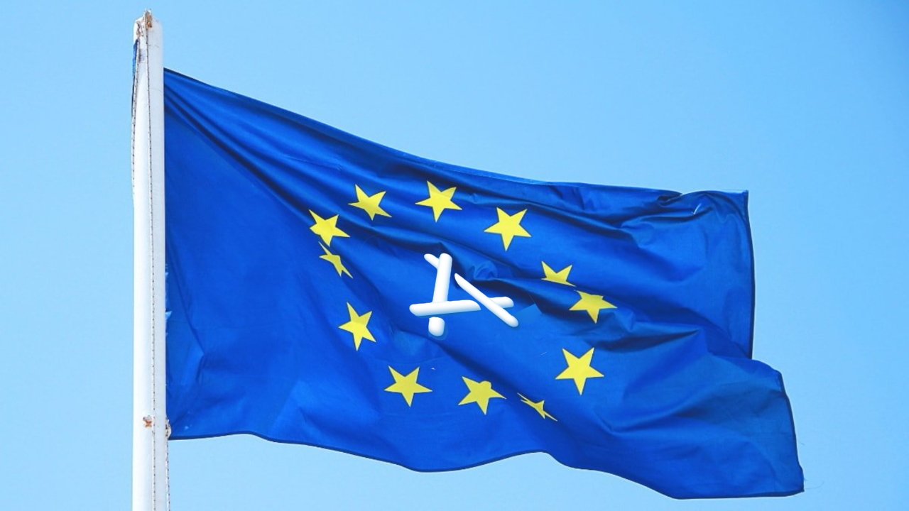 Apple's App Store logo superimposed on a flag of the European Union