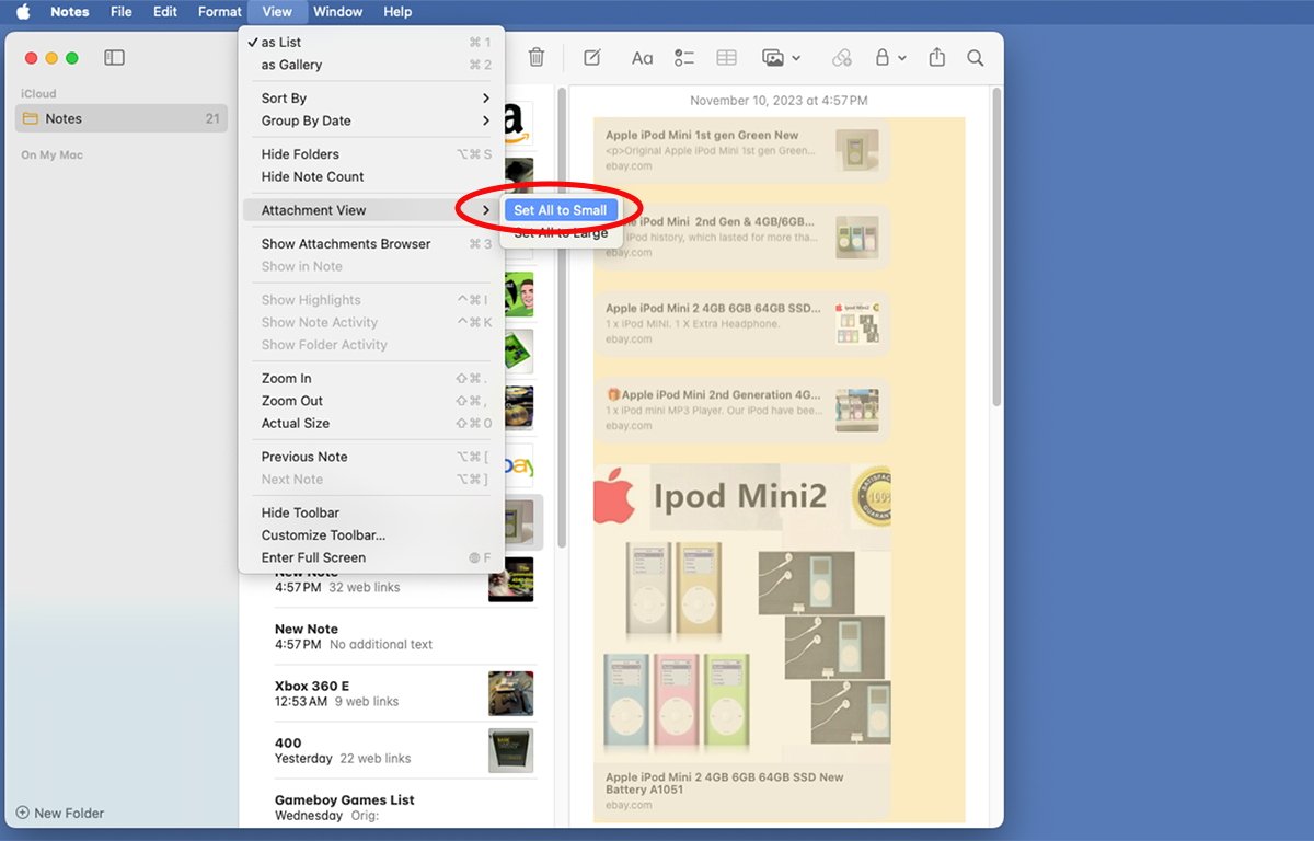 Use the Attachment View submenu to set the size of all note attachments in a Notes pane.