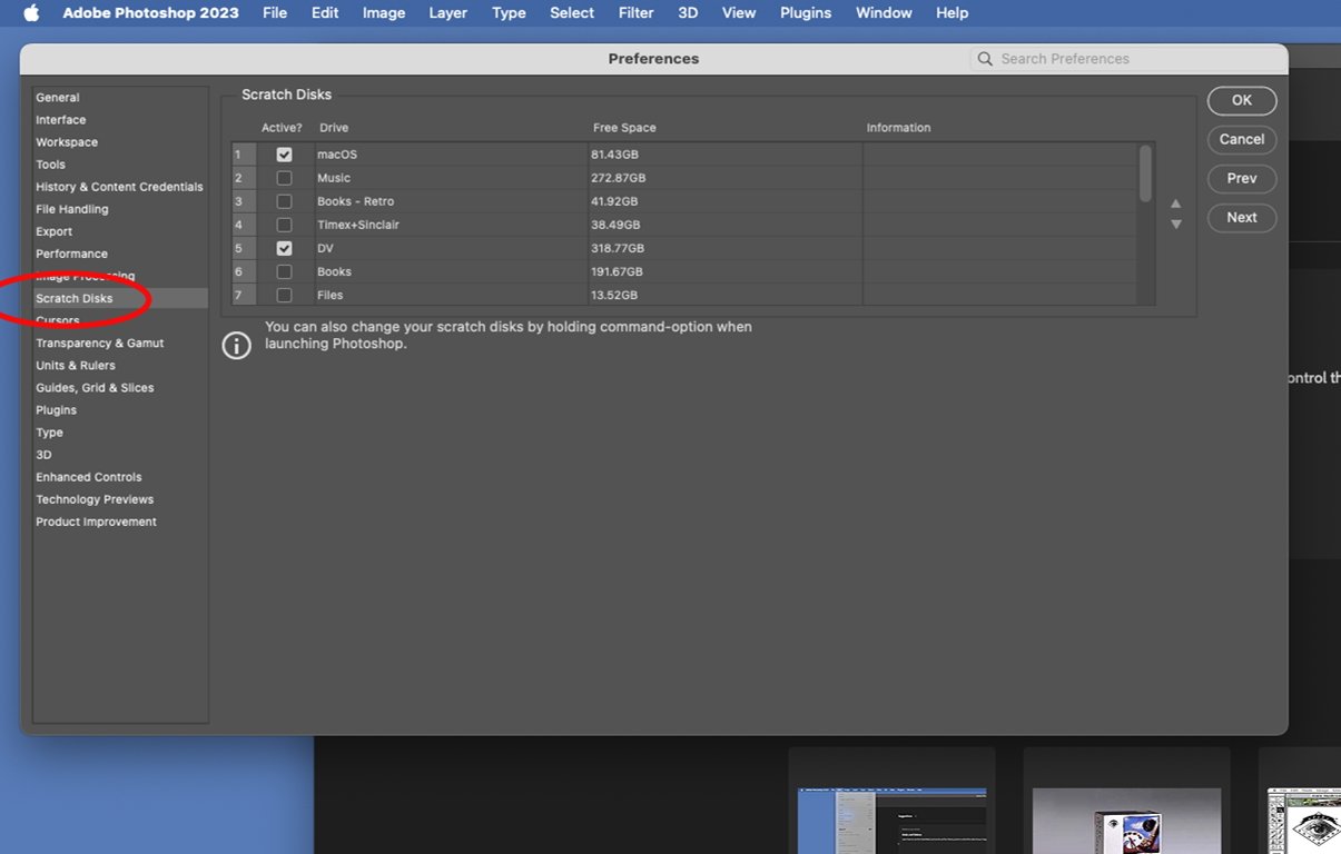 The Scratch Disks Preferences pane in Photoshop.