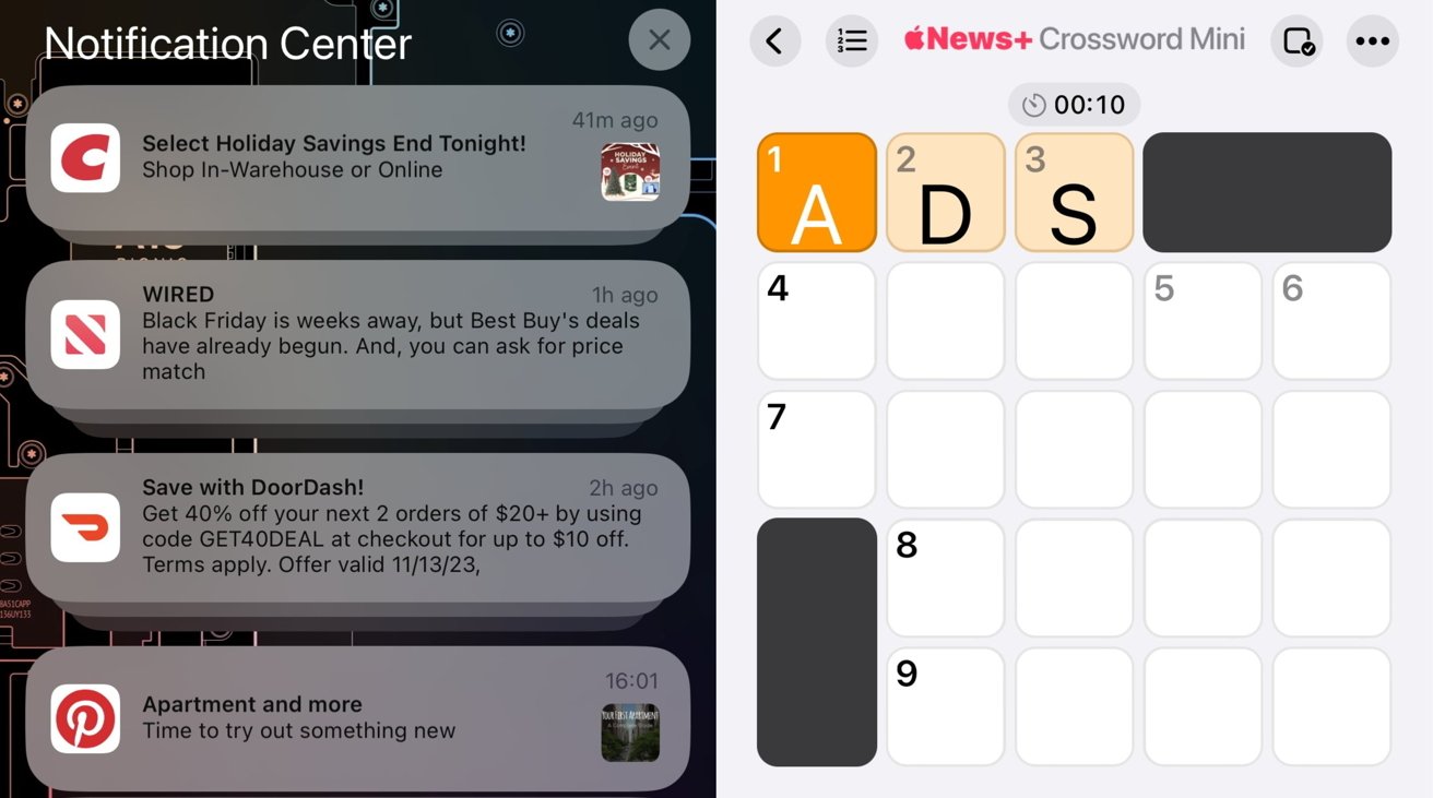 More ads are appearing in my notifications [left] while Apple's crossword is starting to become one [right]