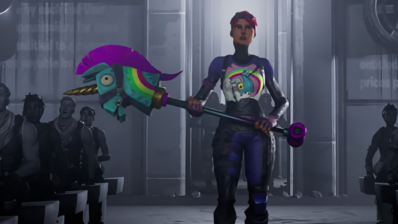 Apple's '1984' ad but with 'Fortnite' characters, as per the start of the Epic Games lawsuit.