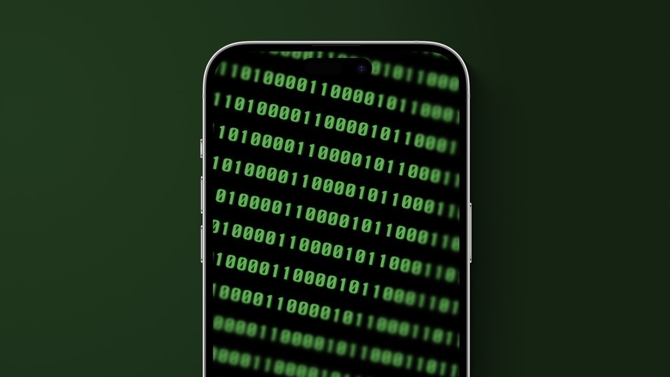 An iPhone with a thematic binary wallpaper.