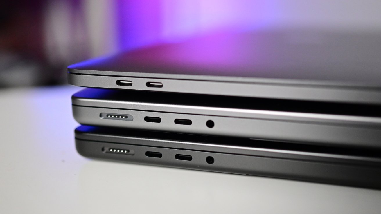 MacBook Pro 14-inch M3 review: Ports on the M3 Pro 14-inch MacBook Pro (bottom), M3 14-inch MacBook Pro (middle), and M2 13-inch MacBook Pro (top)