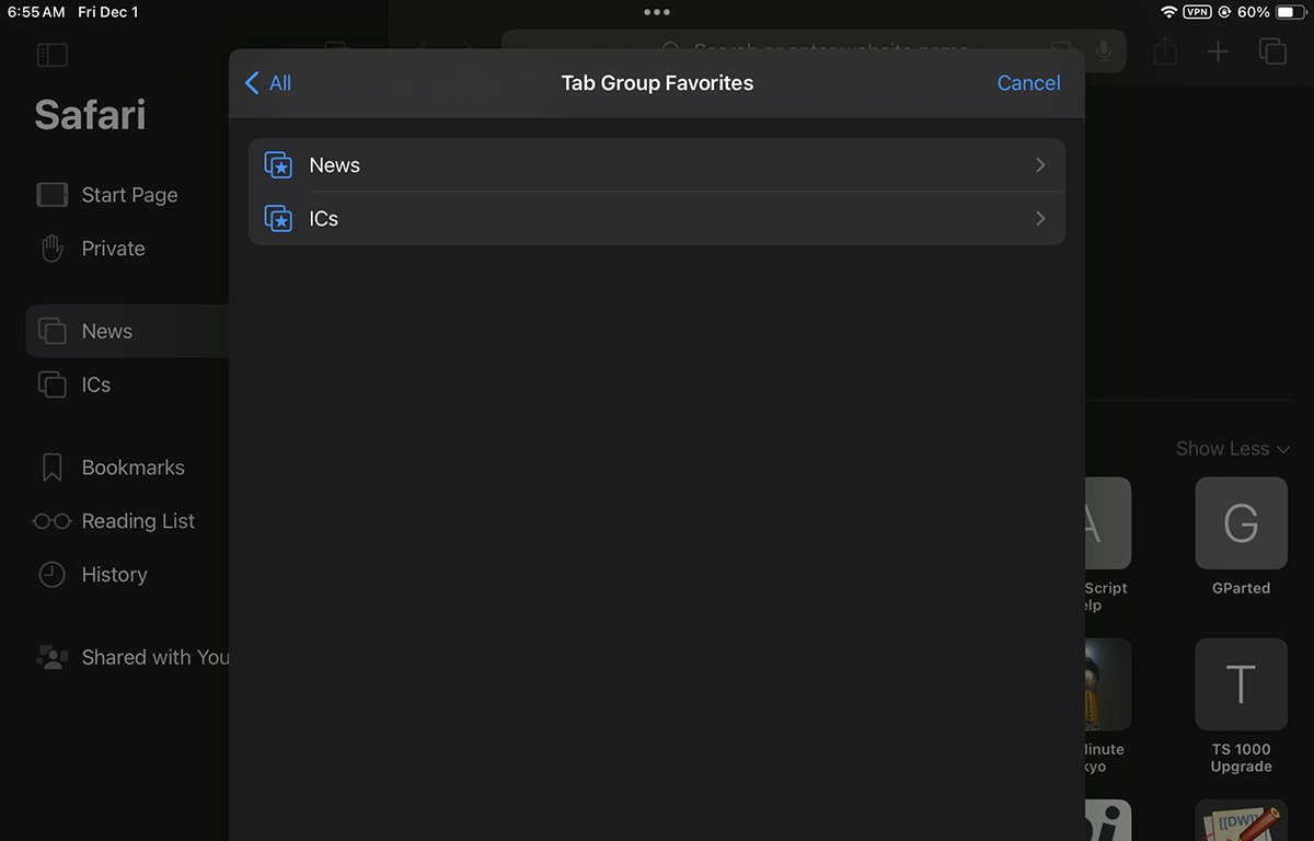 Select any bookmarked tab from any tab group from the submenu to add it to the current tab group.