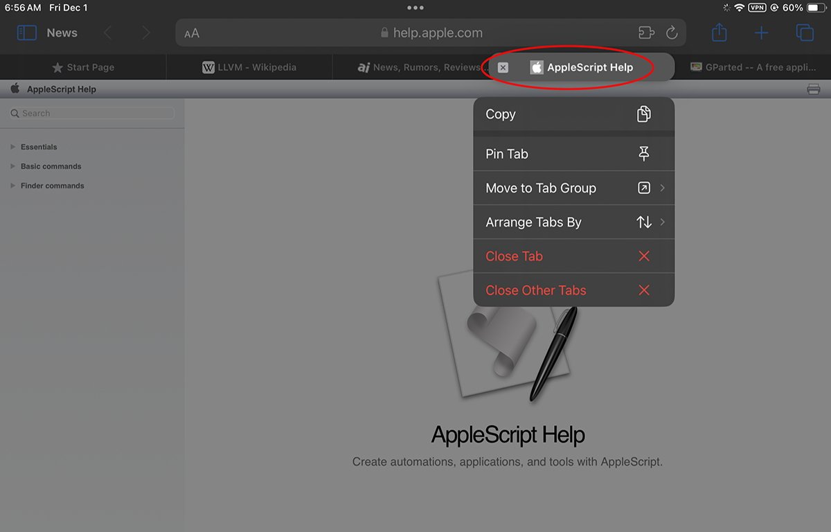 Press and hold a web page tab to get the popover menu.