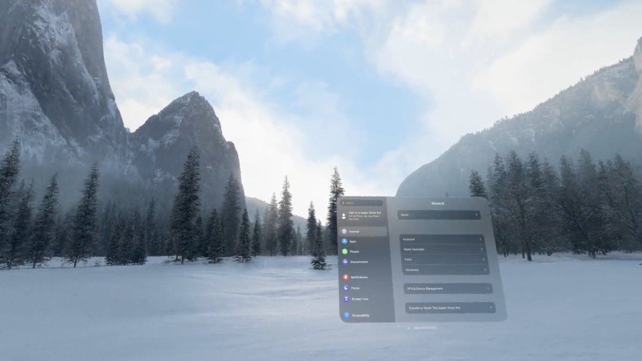 Vision Pro controls floating in a wintry Yosemite environment