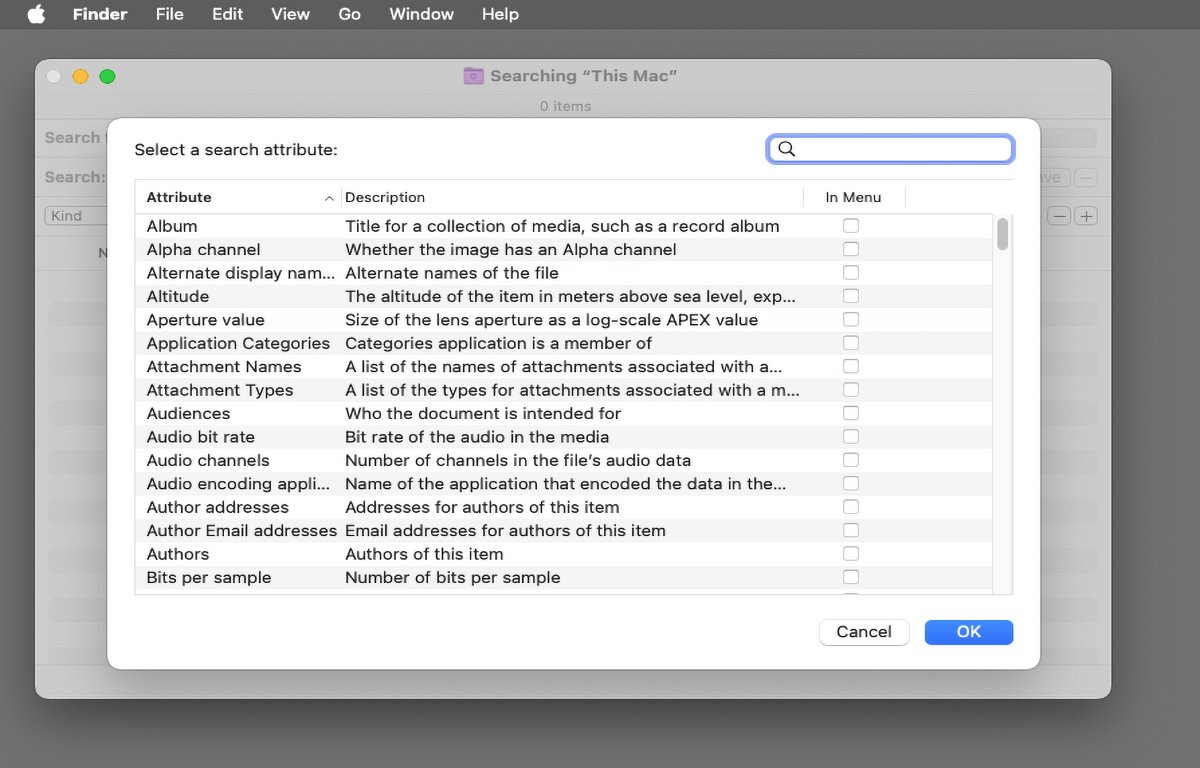 Additional search attributes sheet.