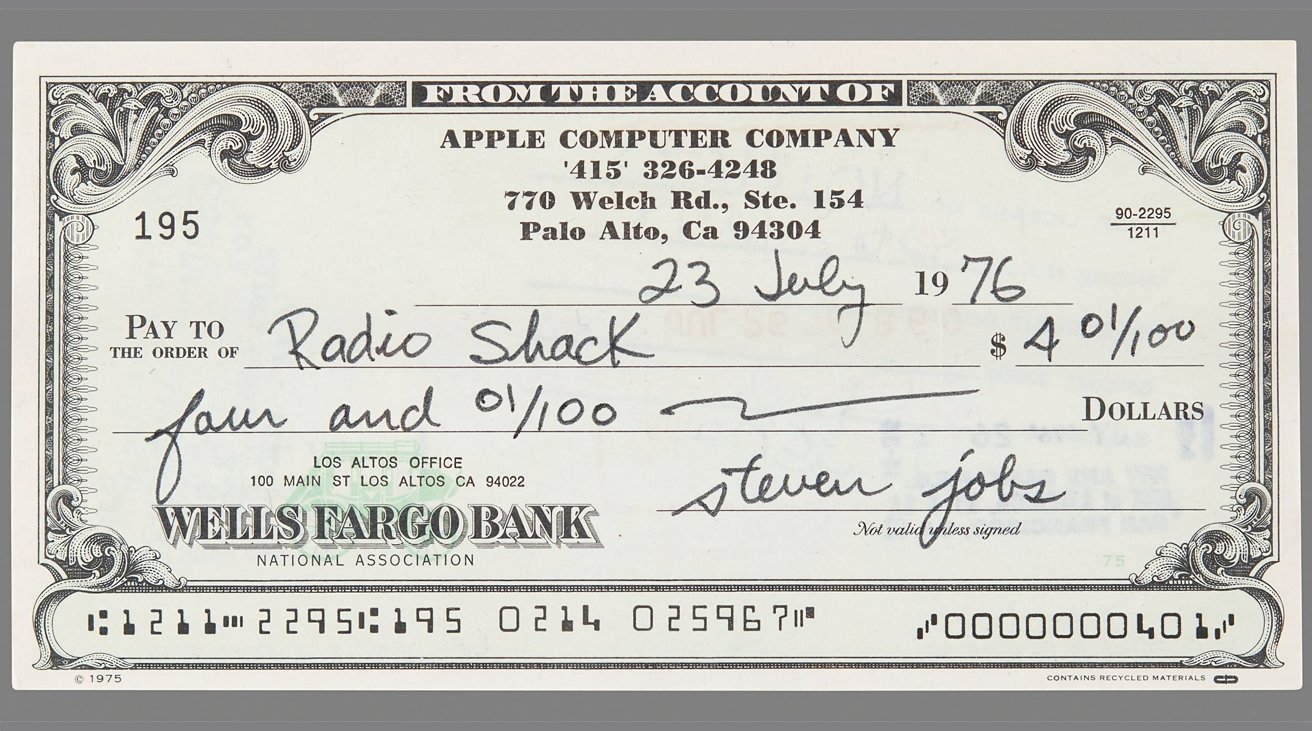 photo of Steve Jobs $4.01 check for RadioShack sold for $46,063 at auction image