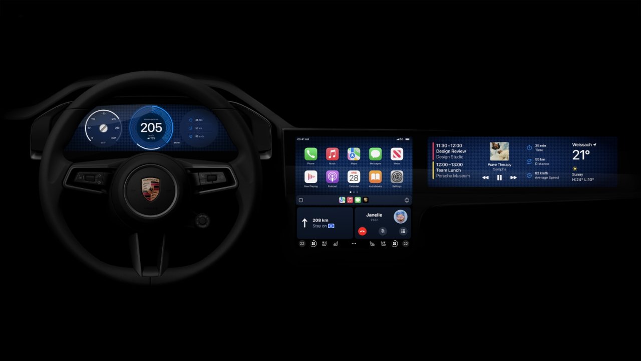 A wider view of CarPlay in a Porsche car (Source: Apple)