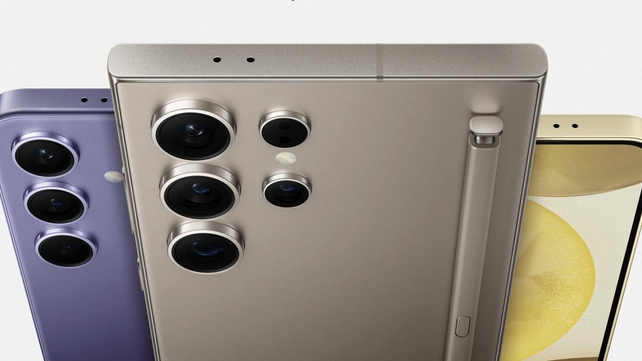 Three Galaxy S24 smartphones in purple, silver, and gold, focused on rear cameras with multiple lenses