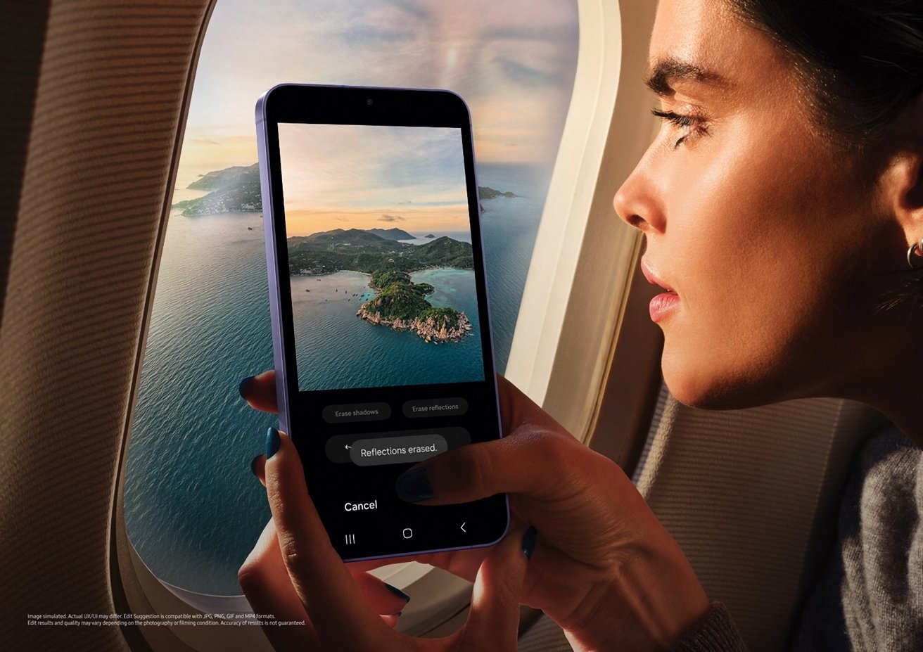 A woman peers intently at her phone, which displays a picturesque coastal landscape, seemingly captured from the airplane window beside her.