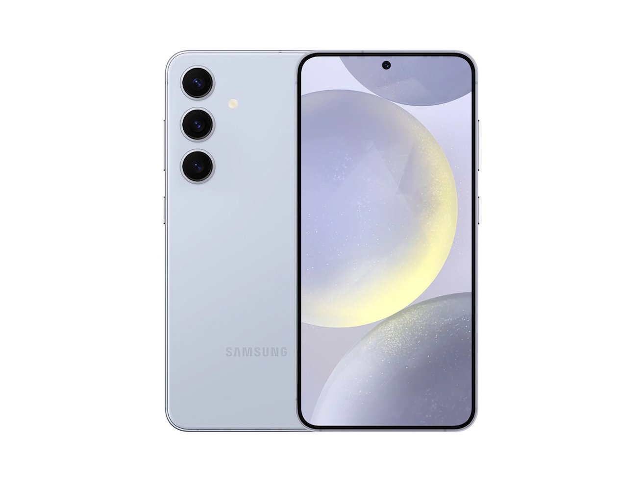 A Samsung smartphone, viewed from the front and back, featuring a triple-camera setup on the back and a punch-hole front camera on a near bezel-less screen.