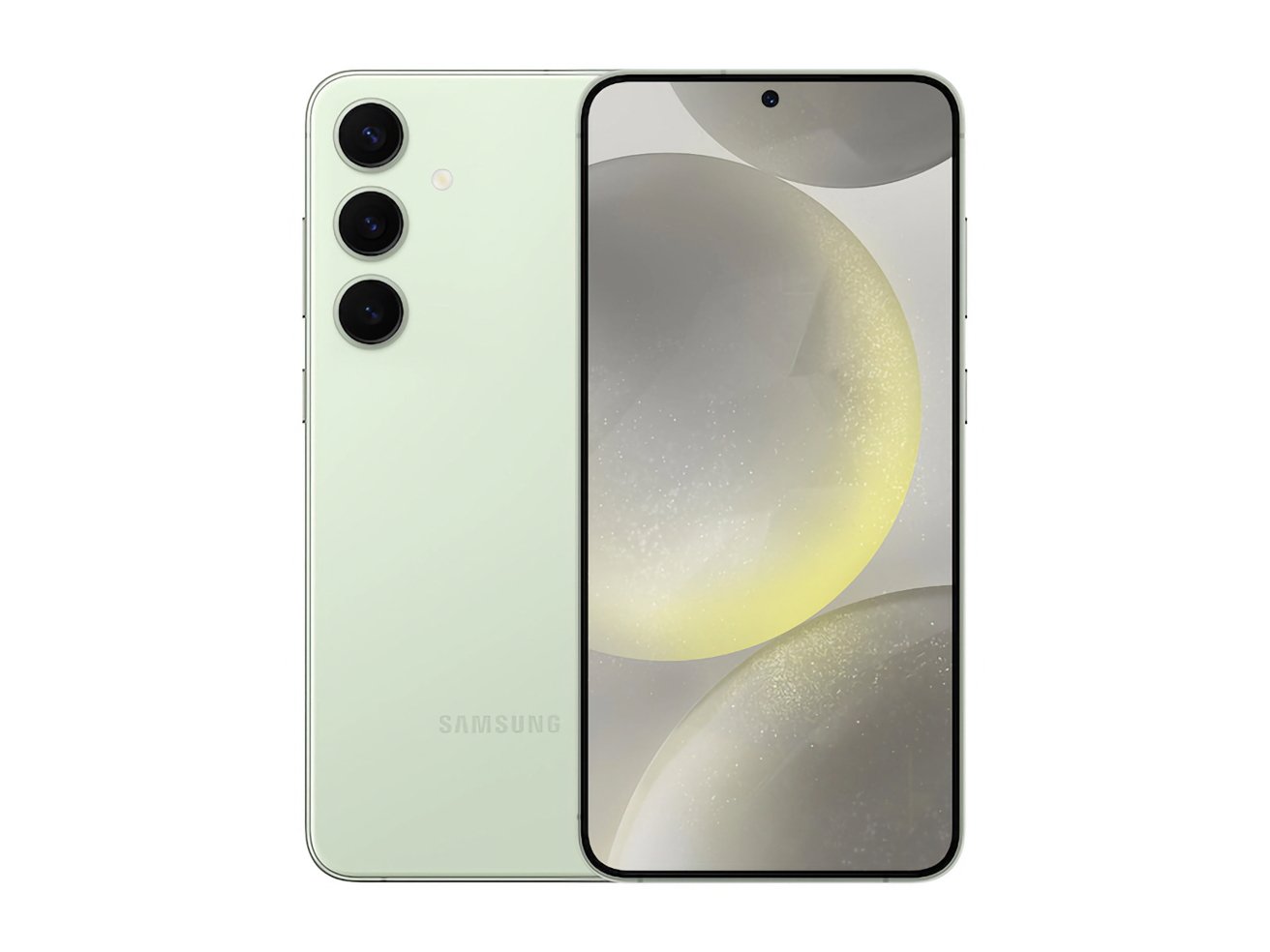 A mint green Samsung smartphone with a triple-camera setup on the back and a screen displaying a graphic of abstract circles with a gradient from yellow to gray.