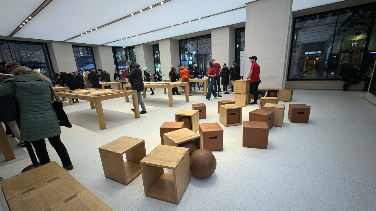The store had out around a dozen of Apple's distinctive wooden stools