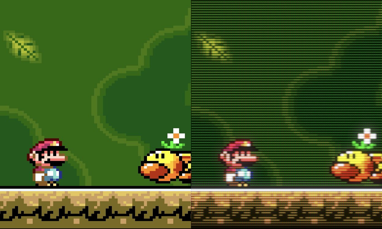 A side-by-side graphical comparison: on the left is Super Mario World being emulated without any shaders, and on the right is the same game running with CRT Royale, a shader preset which emulates a CRT screen. The CRT version shows rounder pixels, color blending, and scanlines.