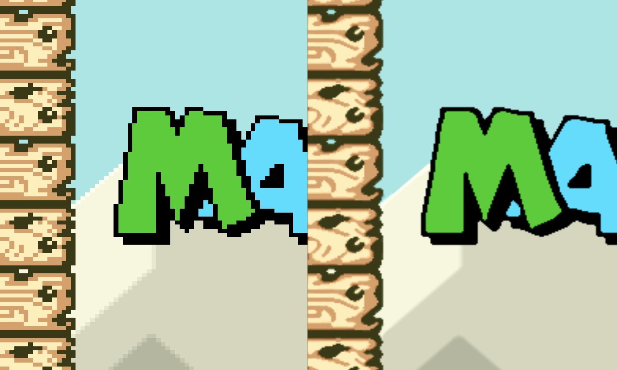 A side-by-side graphical comparison: on the left is Super Mario World being emulated without any shaders, and on the right is the same game running with ScaleFX + rAA, a shader preset which smooths out jagged lines. The ScaleFX version shows a sharper and less-pixelated image.