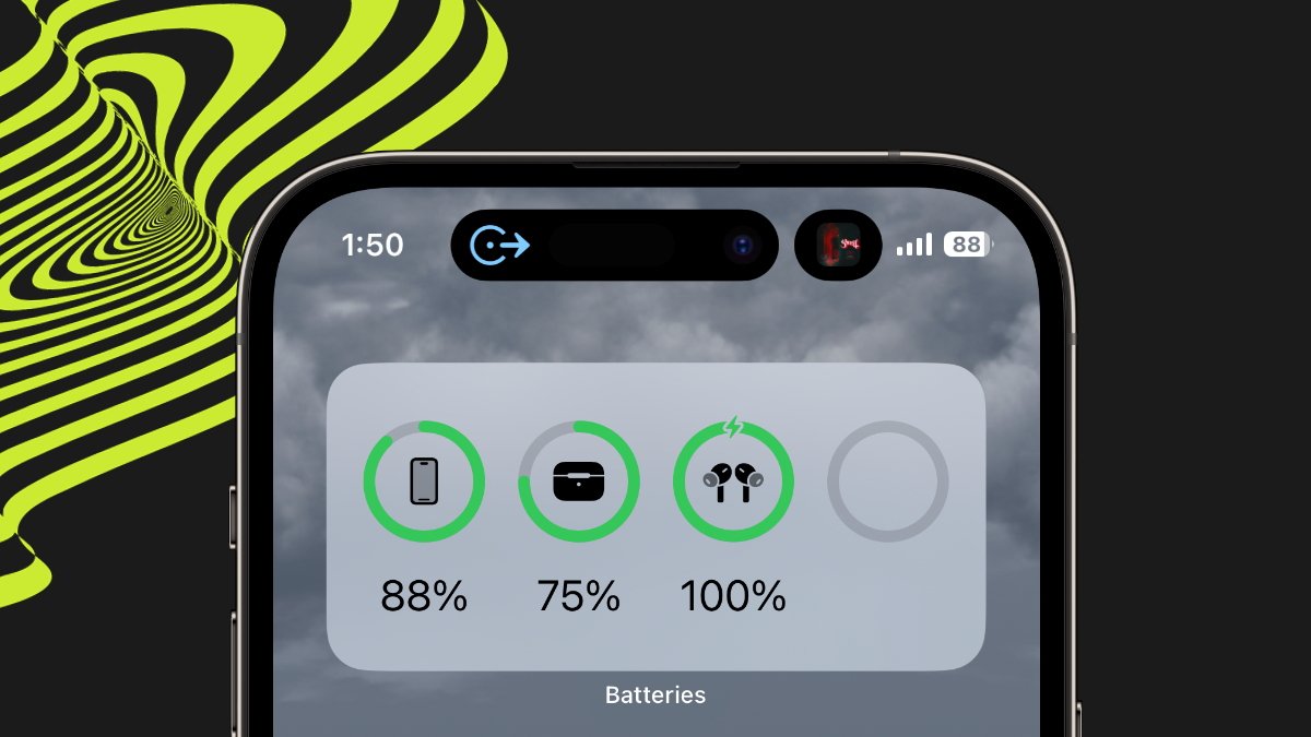 A smartphone screen displays battery levels for different devices: 88% for a phone, 75% for a printer, and 100% for earbuds, against a black backdrop with a swirling yellow and black pattern.