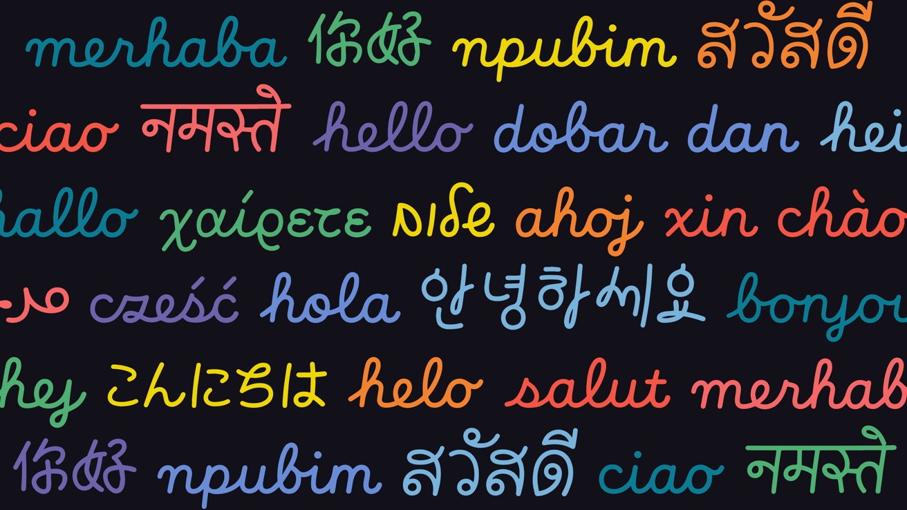 The word 'Hello' displayed in multiple languages on a black background