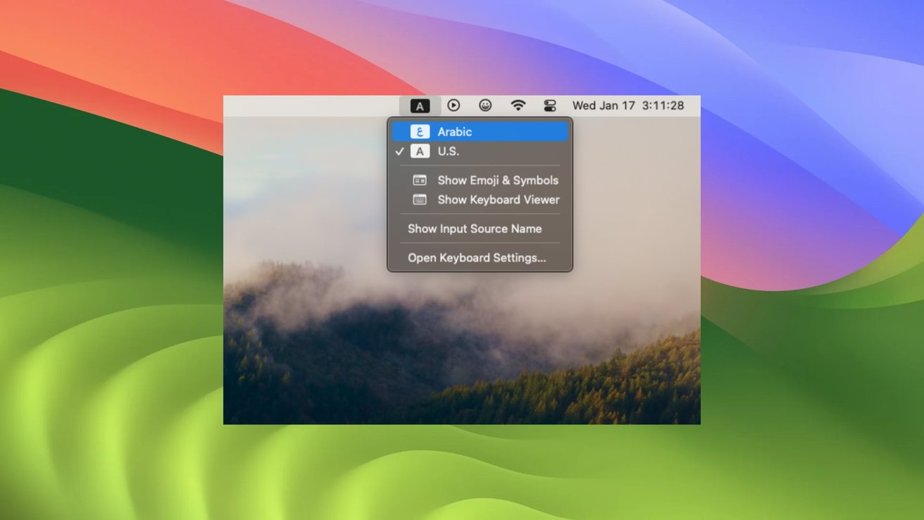 The macOS' input switcher cropped set over the Sonoma background