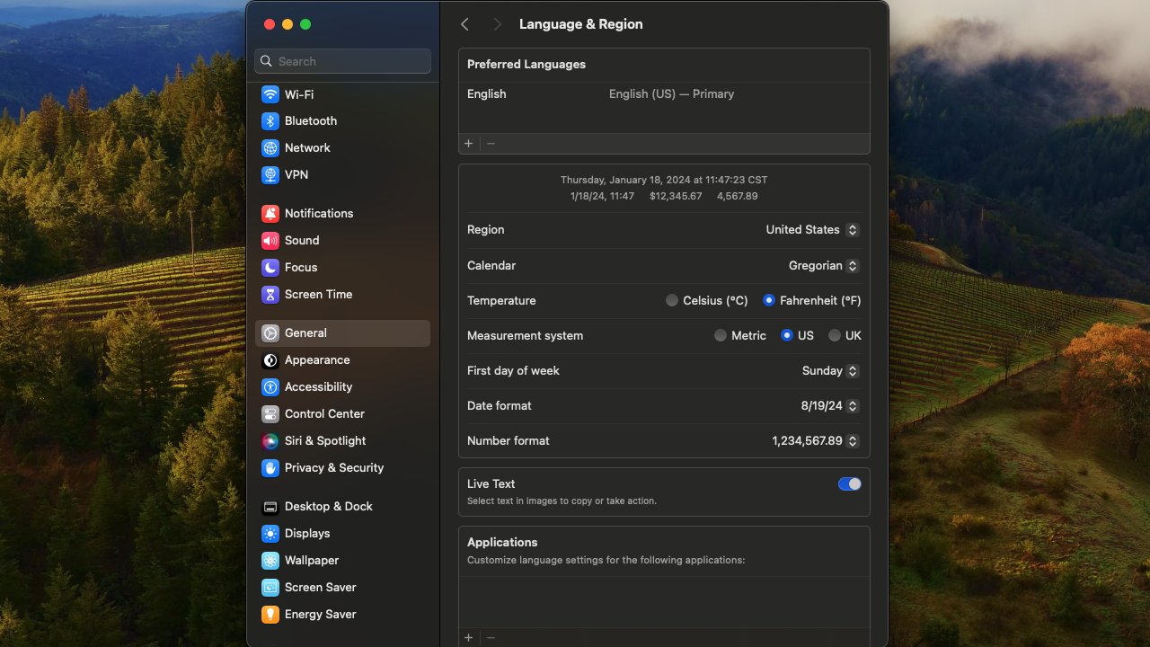 The Language and Region settings menu over the macOS Sonoma background