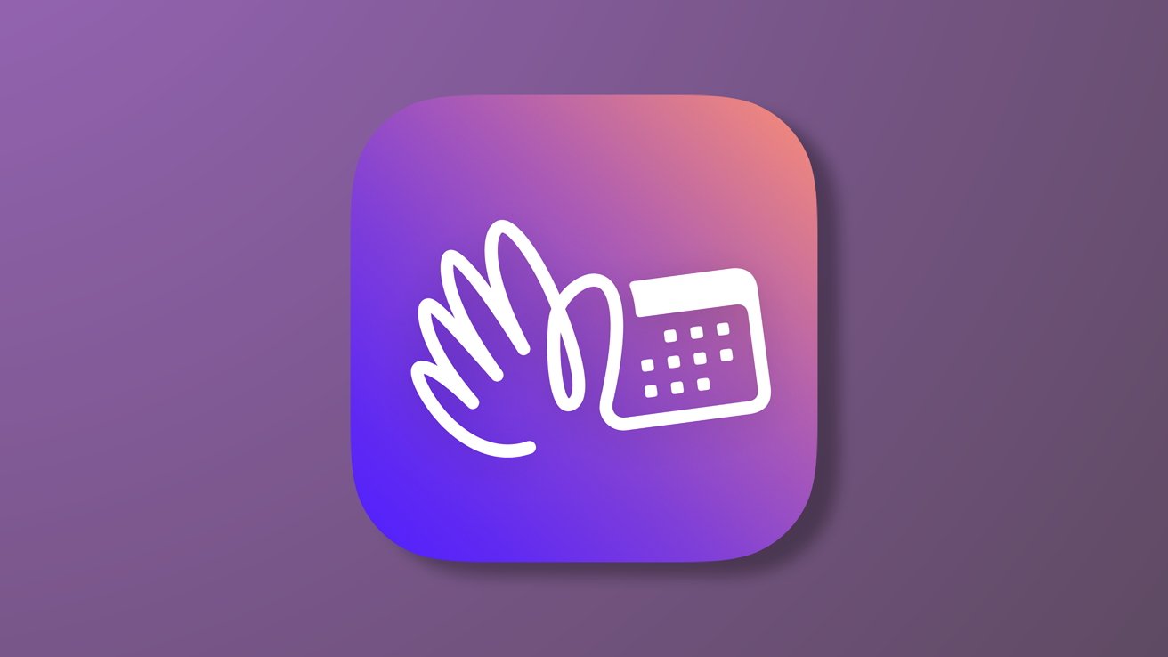 App icon with a stylized white hand and dial pad against a gradient purple background, the Hey Calendar icon.