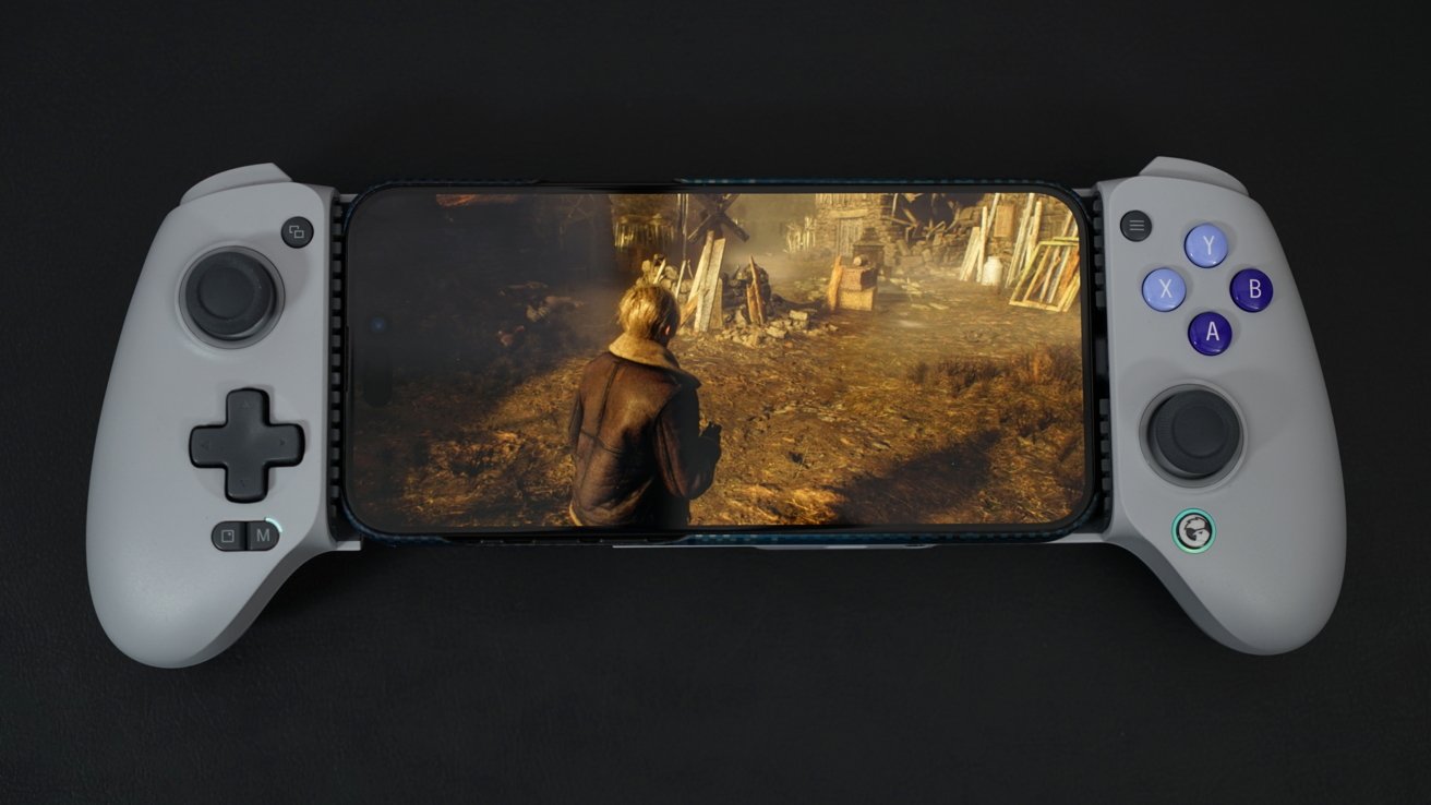 iPhone in the GameSir controller, displaying 'Resident Evil 4' character in run down town.