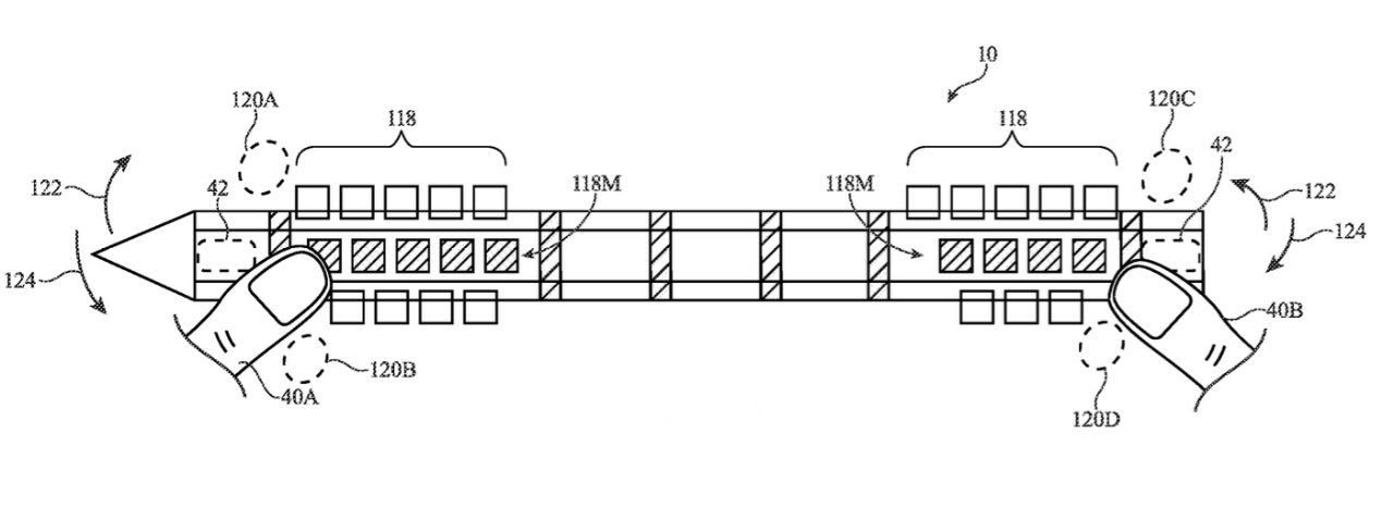 Detail from the patent application showing an Apple Pencil with many controls