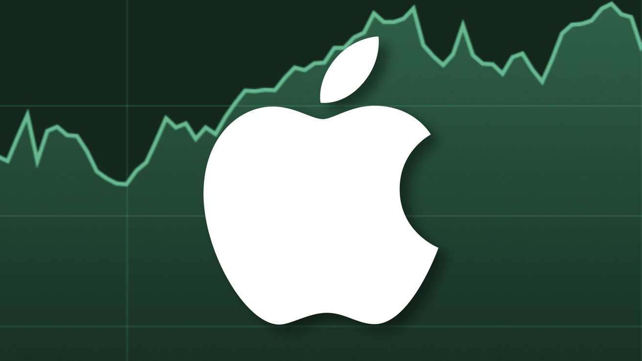 A large Apple logo is centered over a green background with fluctuating stock market line graphs behind it.