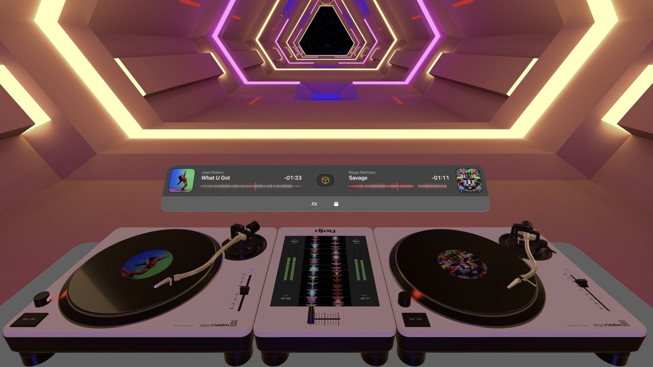 A pair of turntables sits before a colorful, geometric tunnel that recedes into starry darkness, with on-screen music track details indicating ongoing mixing. djay shown on Apple Vision Pro.
