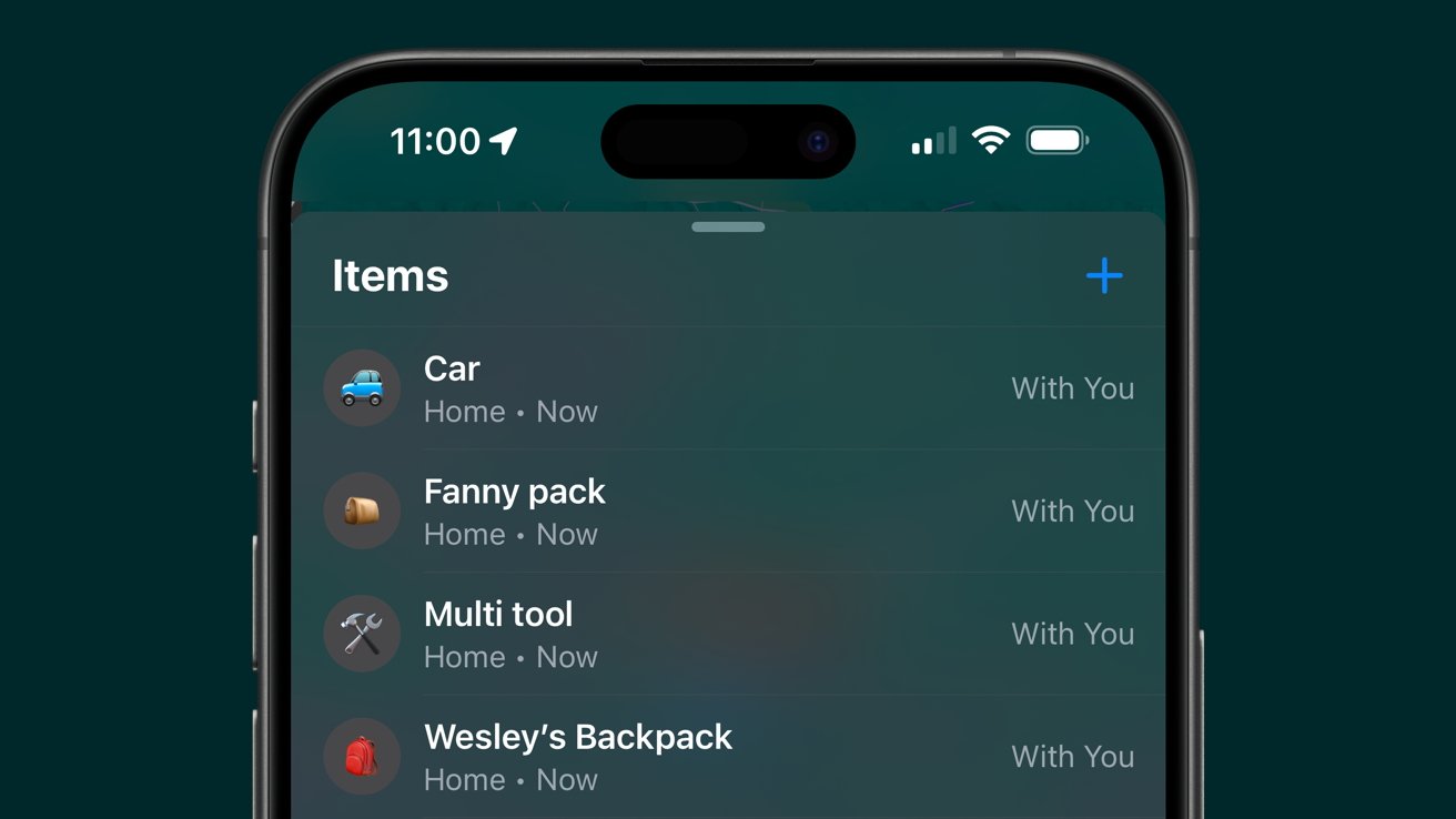 A smartphone screen displays the Find My app with a list of items: