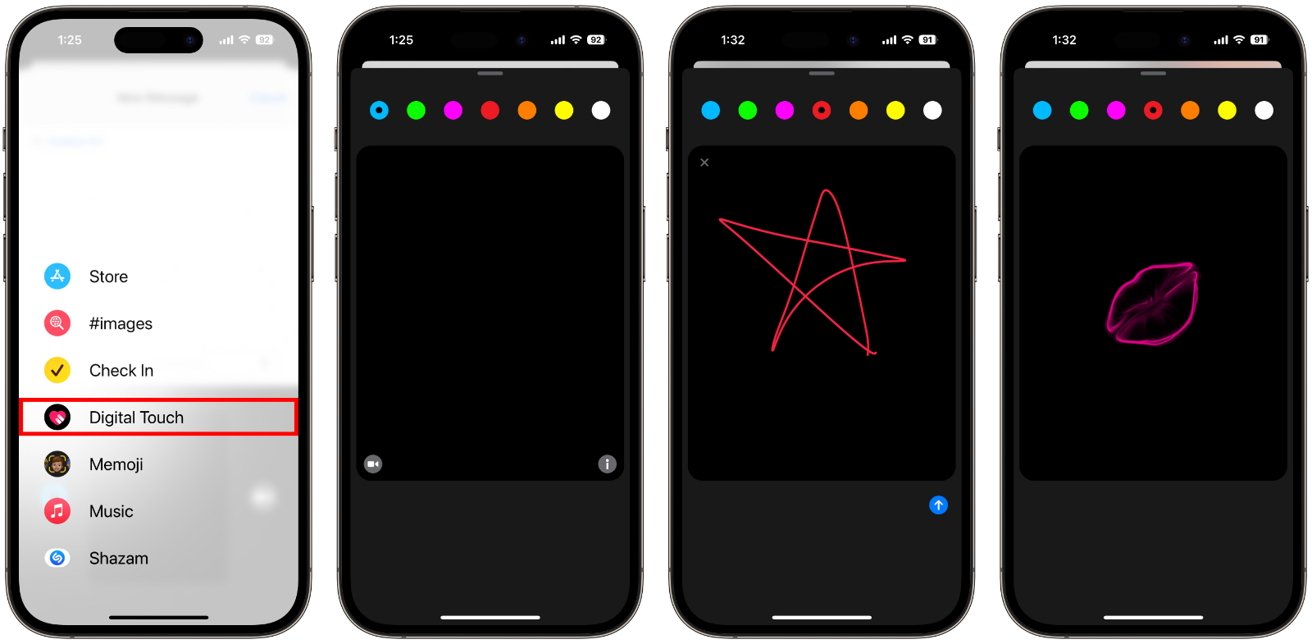 Four smartphone screenshots showing the Digital Touch feature in a messaging app, with the first displaying a menu, and the next three depicting a black canvas where colorful drawings can be made, including a red star and a pink swirl.