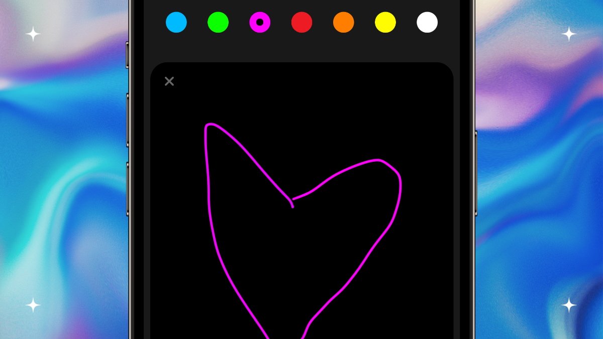 A simplistic neon pink heart drawn on a tablet screen, with a blur of blue and purple swirls in the background and a palette of colorful dots above.