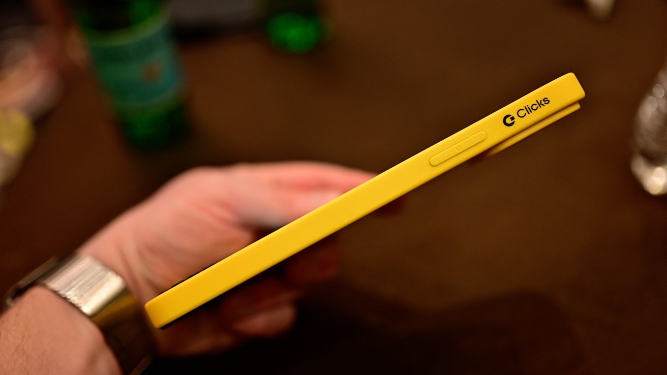 Side view of the Clicks Creator Keyboard in Bumblebee Yellow