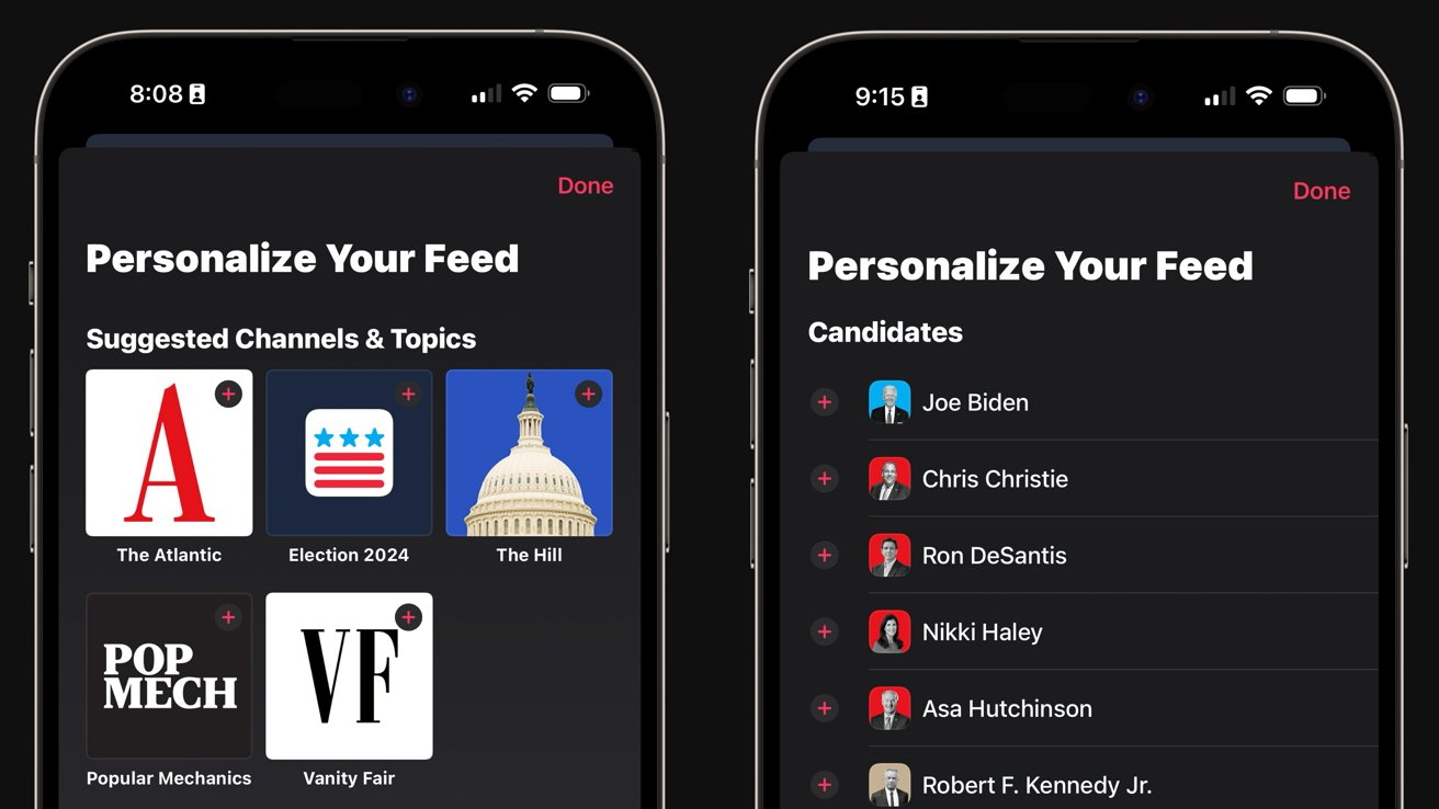 Two iPhone screens show lists of selectable items to customize election news, like news sources and candidates.