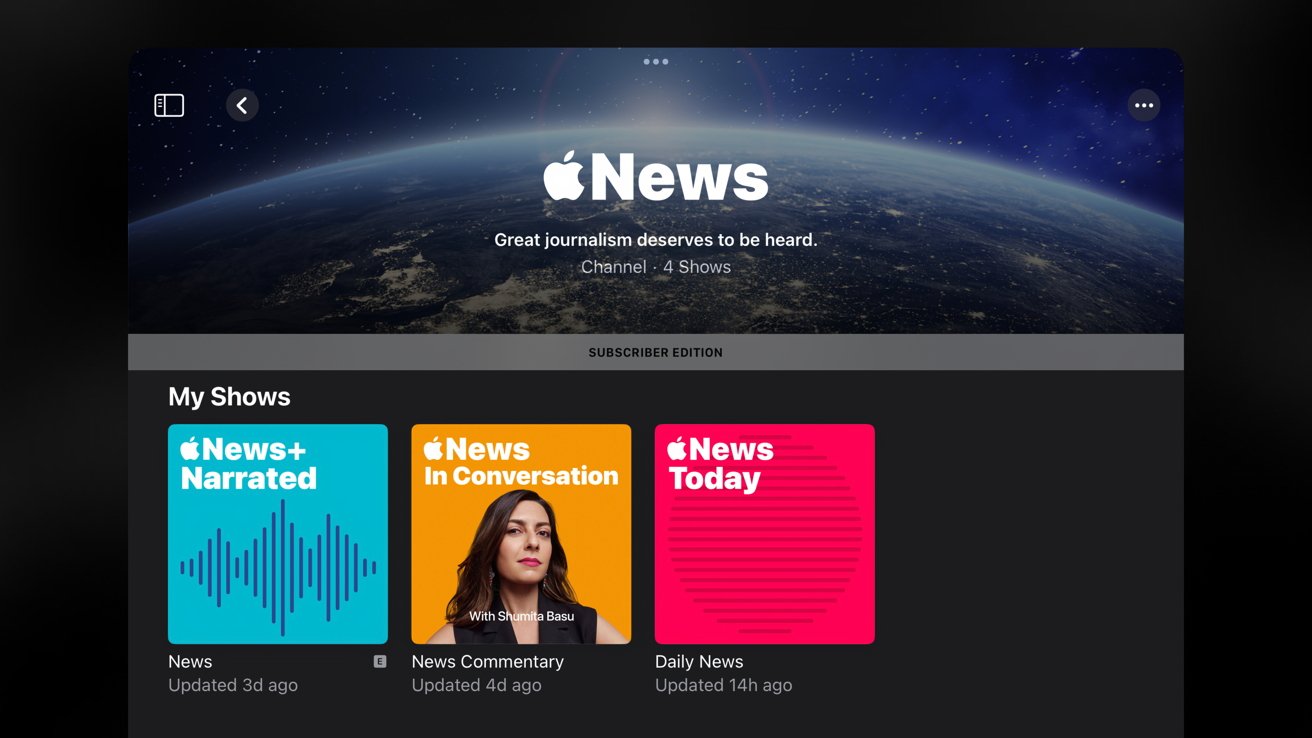 An iPad screenshot of Apple News podcasts with three content options titled News+ Narrated, News In Conversation, and News Today, each with updates and a visual identifier.
